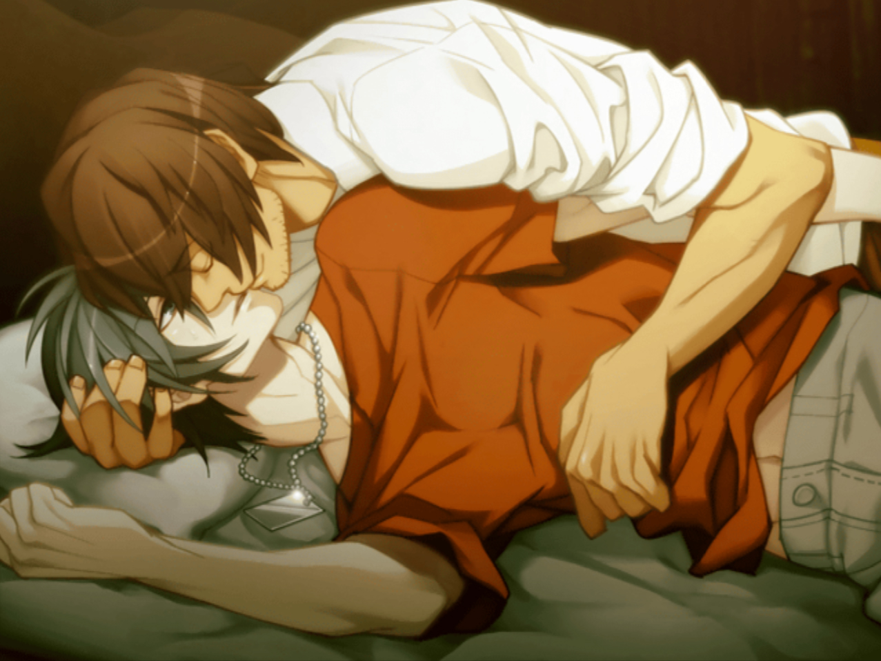 54264 - 2boys <b>akira</b>(togainu_no_chi) bed brown_hair cuddling dog_tag game_cg...