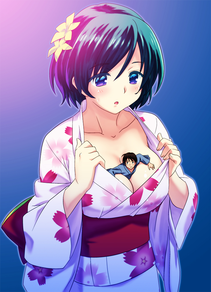 164436 - anime blue_hair breastheld breasts cleavage drawing giantess kimon...